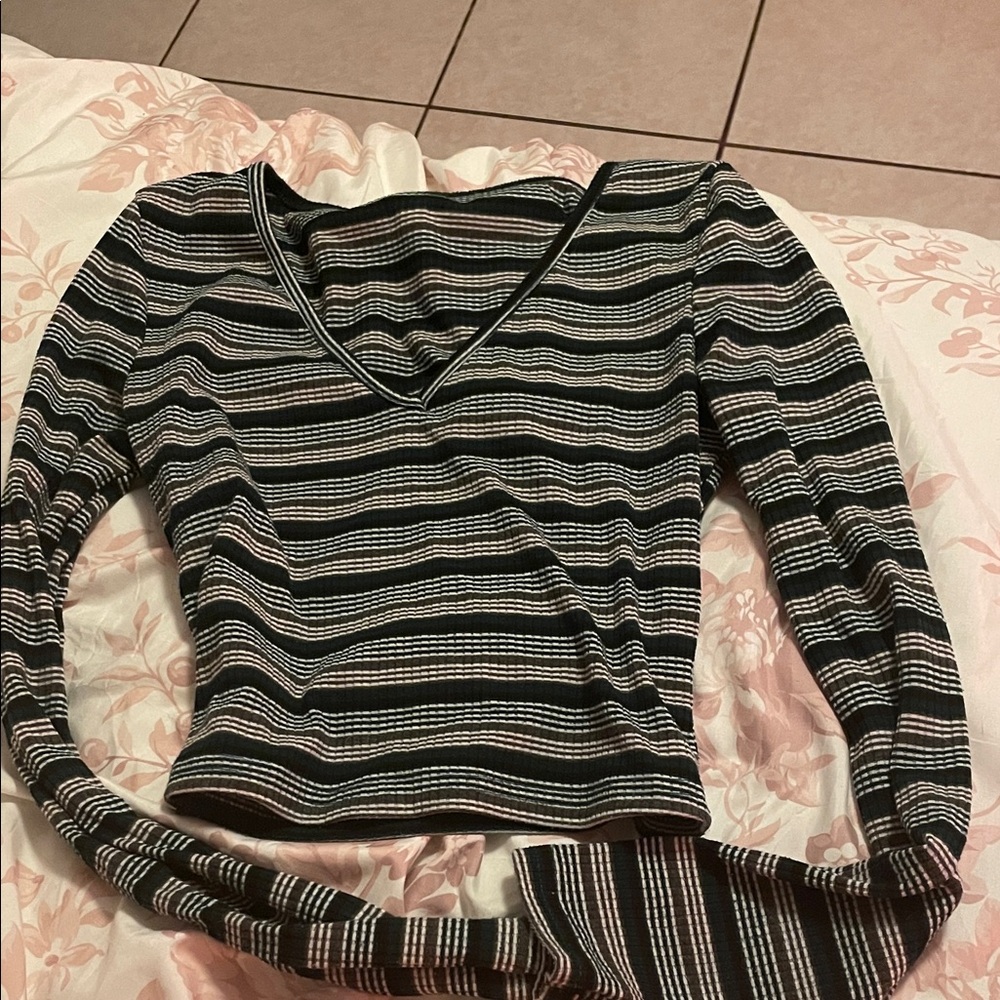 SHEIN Green and White Striped V-Neck Blouse